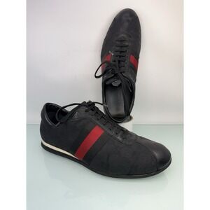 Gucci GG Canvas Low Top Sneakers Black Red Web Stripe Mens 8.5 D Leather Trim